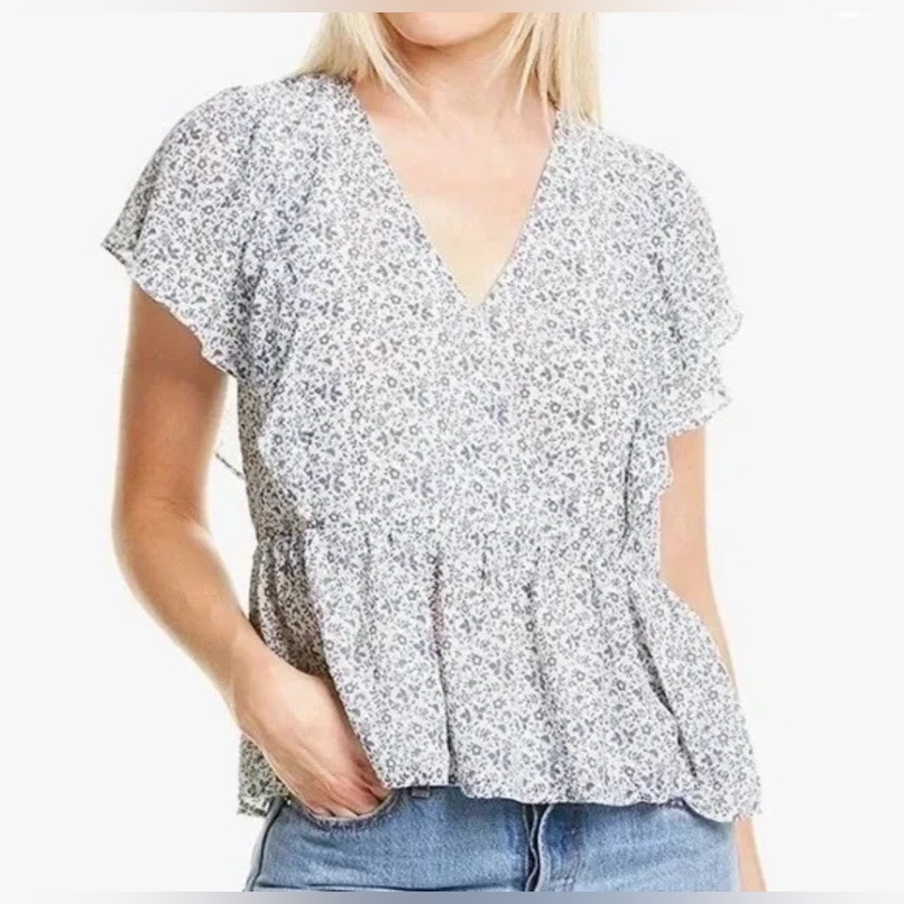 Madewell Georgette Ruffle-Sleeve Peplum Top – Americana Floral (Size M